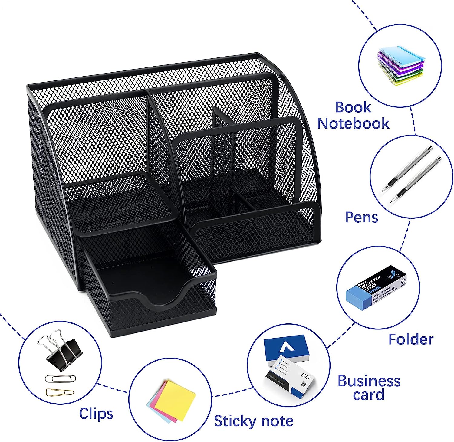 Neudeco Desk Organizers and Accessories, Office Supplies Mesh Desk Organizer Caddy with Drawer 6 Compartments + Pen Holder / 72 Paper Clips Binder Clips Set, Black Desktop Organizer for Home Office - Image 2